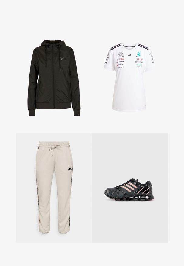 Schwarze Kapuzenjacke mit Reißverschluss vorne, elastischen Bündchen und Saum. Verfügt über ein kleines Schmetterlingslogo auf der linken Brust und hat eine glatte, glänzende Textur.; Weißes Sport-T-Shirt mit kurzen Ärmeln und Rundhalsausschnitt, mit schwarzen Streifen an den Schultern und mehreren auf der Vorderseite aufgedruckten Sponsor-Logos.; Hellbeige Sweatpants aus weichem Stoff, mit einem verstellbaren Bund und schwarzen Seitenpaneelen mit einem Leopardenmuster.; Schwarzer Sportschuh mit pinkfarbenen Streifen, segmentierter, gepolsterter Sohle und Schnürdesign auf hellem grauem Hintergrund.