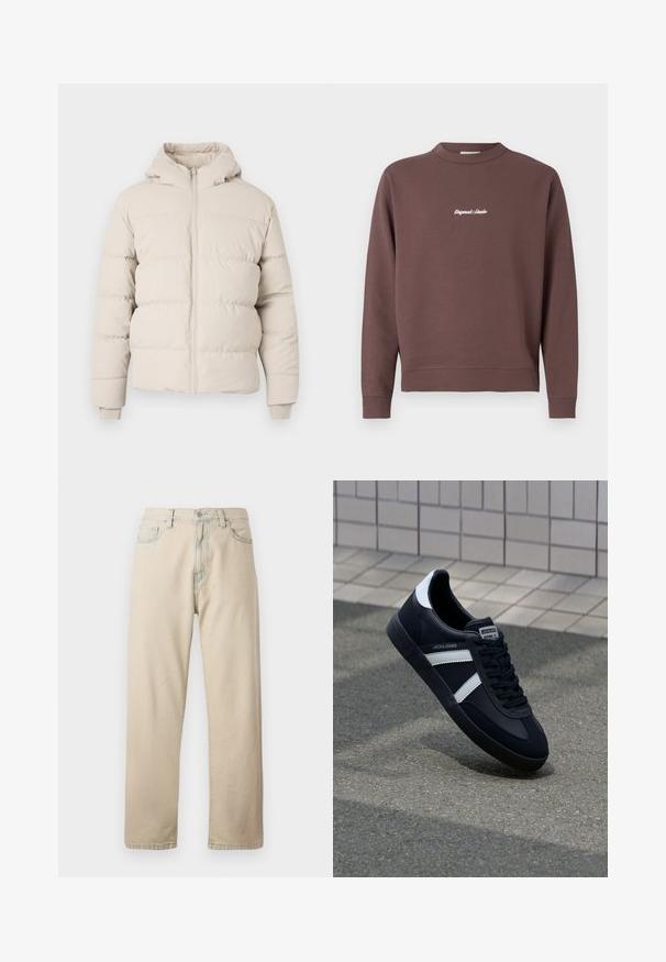 Kergend jakk heledas beežis, millel on kapuuts, horisontaalsed õmblusosad, eesmine lukustus ja mugavad mansetid. Sile kangastekstuuri.; Pruun sweatshirt, millel on ümmargune kaelus, soonikkoes allääre ja varrukaotsade juures. Rinnal on valge tikand "Original Studio". Puuvillasegu materjal.; Heledat beežid teksapüksid sirge säärega, viie tasku ja nööpkinnitusega. Kangal on peen hägustus ja klassikaline disain.; Must have musta sneaker musta valgete triipudega, tekstuurne kummitald ja nööridega esiosa. Omab bränditud märki keele peal.