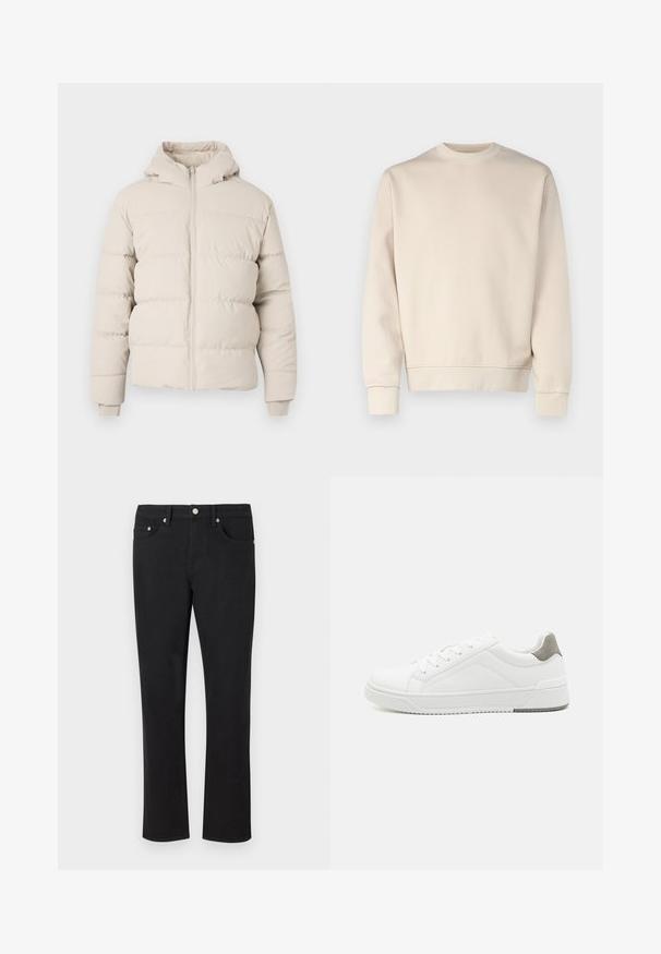 Puffermantel in hellbeige mit Kapuze, mit horizontalen Steppnähten, einem frontalen Reißverschluss und enganliegenden Bündchen. Glatte Stoffoberfläche.; Hellbeiges Sweatshirt mit rundem Ausschnitt, gerippten Bündchen und Saum. Hergestellt aus weichem Stoff mit glatter Textur. Minimalistisches Design, keine Muster.; Schwarze Jeans aus Denim mit geradem Bein-Design, ausgestattet mit fünf Taschen und silbernem Zubehör sowie einer glatten Textur. Keine Muster oder Akzente.; Weißer Sneaker aus glattem Leder, runde Zehenpartie, minimalistisches Design, graue Fersenkante und strukturierte Gummisohle.