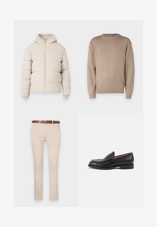 Chaqueta de plumas en beige claro con capucha, que presenta secciones acolchadas horizontales, un cierre frontal y puños ajustados. Textura de tela suave.; Suéter de punto beige con cuello redondo, mangas largas y puños y dobladillo acanalados; textura suave con un patrón uniforme.; Chinos beige de algodón, con un cinturón de cuero marrón, bolsillos estándar, y un ajuste entallado con un diseño de pierna recta.; Mocasín de hombre de cuero negro con detalles cosidos, tacón bajo apilado y una correa estrecha en la parte superior, mostrado de lado sobre un fondo blanco.