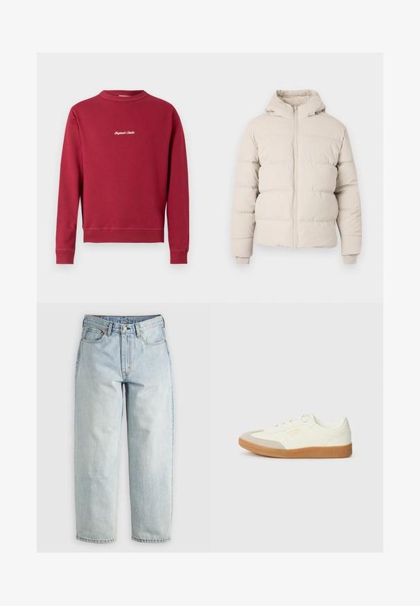 Pufferjack in lichtbeige met een capuchon, voorzien van horizontaal doorgestikte secties, een ritssluiting aan de voorkant en aansluitende manchetten. Glad stoftextuur.; Bordeaux sweatvest van een katoenmix met een ronde hals, ribgebreide manchetten en onderrand. Voorzien van witte geborduurde tekst "Original Studio" op de voorkant.; Lichtblauwe denim jeans met een rechtBeen, vijf zakken en een knoopsluiting; heeft vervaagde gebieden en subtiele stikdetails.; Schoen gemaakt van wit leer met een beige teenkap en een lichtbruine rubberen zool. Voorzien van platte witte veters en reliëfbranding aan de zijkant.