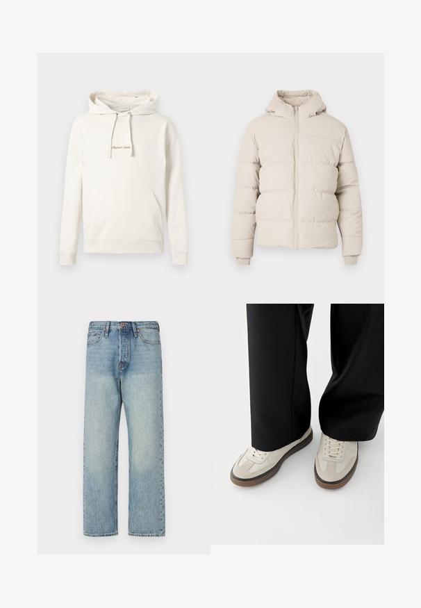 Puff jakke i lysebrun med hætte, med vandret quiltede sektioner, en frontlynlås og tætsiddende manchetter. Glat stofstruktur.; Beige hoodie lavet af bomuld, med en kængurulomme, snoretræk i hætten og broderet "Originals" tekst på brystet.; Lysblå denimjeans med lige ben-design, fem lommer og bronze hardware. Minimal falming med en ren finish.; Fødder iført beige sneakers med brune såler og sorte bukser med vide ben på hvid baggrund.