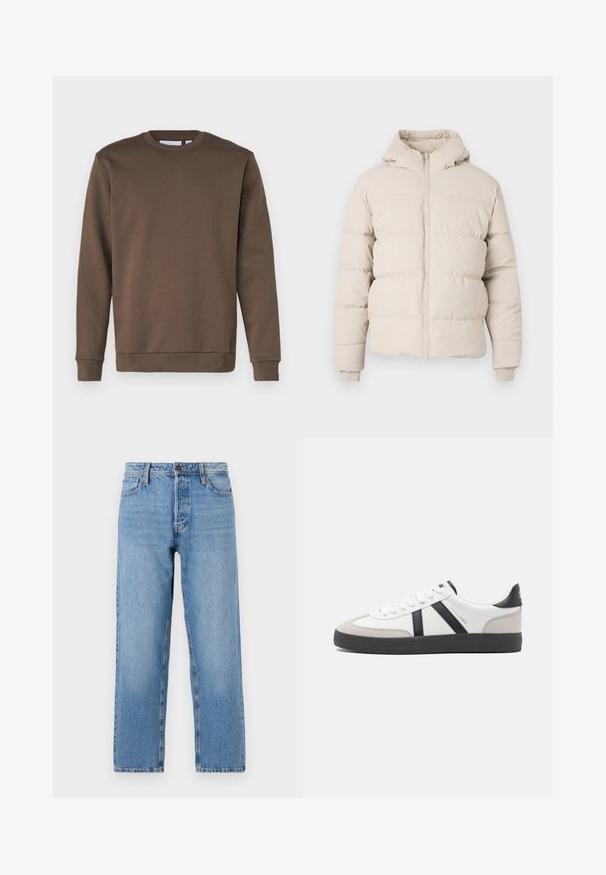 Puffermantel in hellbeige mit Kapuze, mit horizontalen Steppnähten, einem frontalen Reißverschluss und enganliegenden Bündchen. Glatte Stoffoberfläche.; Only & Sons ONSCERES CREW NECK - Sweatshirt - major brown; Hellblaue Jeans aus Denim mit geradem Bein, ausgestattet mit einem Knopf- und Reißverschluss, fünf Taschen und dezentem Ausbleichen.; Weiße Sneaker mit schwarz- und grau-aczenten, ausgestattet mit einer strukturierten grauen Zehenkappe, schwarzer Gummi-Sohle und flachen weißen Schnürsenkeln. Sauberes Design, minimalistische Stil.