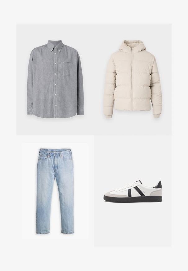 Puffermantel in hellbeige mit Kapuze, mit horizontalen Steppnähten, einem frontalen Reißverschluss und enganliegenden Bündchen. Glatte Stoffoberfläche.; Schwarz-weiße karierte Langarmhemd mit Knopfleiste und Kragen, einer Brusttasche und abgerundetem Saum. Aus Baumwollstoff, mit glatter Textur.; Helle blaue Denim-Jeans mit geradem Bein, im Fünf-Taschen-Stil und kontrastierenden Nähten. Knopf- und Reißverschluss an der Taille.; Weiße Sneaker mit schwarz- und grau-aczenten, ausgestattet mit einer strukturierten grauen Zehenkappe, schwarzer Gummi-Sohle und flachen weißen Schnürsenkeln. Sauberes Design, minimalistische Stil.