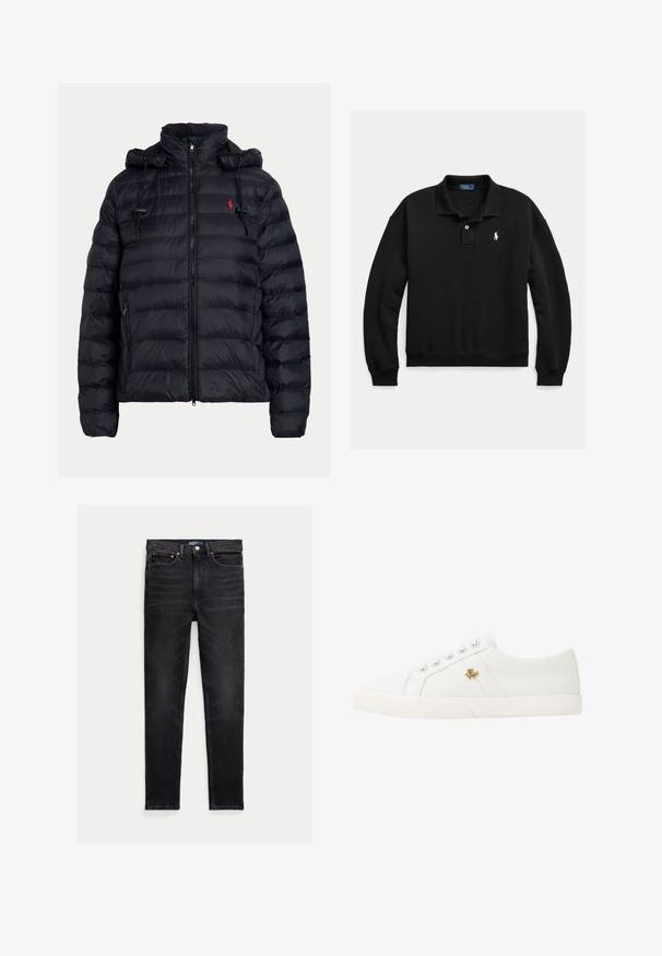 Sort quiltet dunjakke med frontlynlås, sidelommer med lynlås, justerbar hætte med snore og lille rødt broderet logo på brystet.; Sort langærmet polo med krave og to knapper, med lille hvid broderet hestelogo på venstre bryst.; Slim-fit sorte jeans med fem lommer, knaplukning og Polo mærke på linningen, lagt fladt på en hvid baggrund.; Lauren Ralph Lauren JANSON II CANVAS SNEAKER - Sneakers - optic white