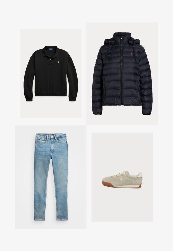 Sort quiltet dunjakke med frontlynlås, sidelommer med lynlås, justerbar hætte med snore og lille rødt broderet logo på brystet.; Sort langærmet polo med krave og to knapper, med lille hvid broderet hestelogo på venstre bryst.; Lyseblå, slanke denim-jeans med fem lommer og metal knaplukning, lagt fladt på en hvid baggrund.; Lysebeige ruskindssneaker med brunt gummisål, snørelukning foran og en broderet logo på siden, vist i højre profil.