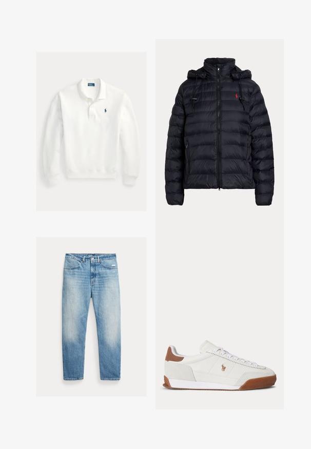 Veste matelassée noire avec fermeture éclair sur le devant, poches zippées sur les côtés, capuche ajustable avec cordons et petit logo rouge brodé sur la poitrine.; Polo blanc à manches longues avec patte à deux boutons et petit logo bleu brodé sur la poitrine gauche.; Jean droit bleu clair délavé avec poches avant, fermeture par bouton et zip, et légère usure sur la cuisse droite.; Baskets basses blanches avec des accents en daim marron au talon et à l’orteil, des lacets blancs et un petit logo brodé marron sur le côté.