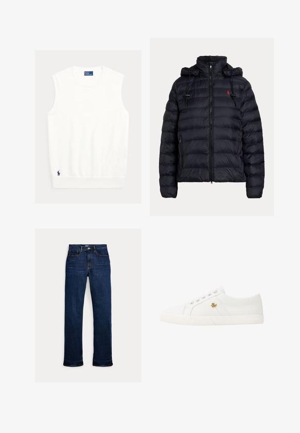 Sort quiltet dunjakke med frontlynlås, sidelommer med lynlås, justerbar hætte med snore og lille rødt broderet logo på brystet.; Hvid ærmeløs top i blødt stof med ribbet halskant og kant forneden. Lille marineblåt logo broderet nederst i venstre hjørne.; Mørkeblå straight-leg jeans med frontknap og lynlås, fem-lomme design og synlige syninger.; Lauren Ralph Lauren JANSON II CANVAS SNEAKER - Sneakers - optic white