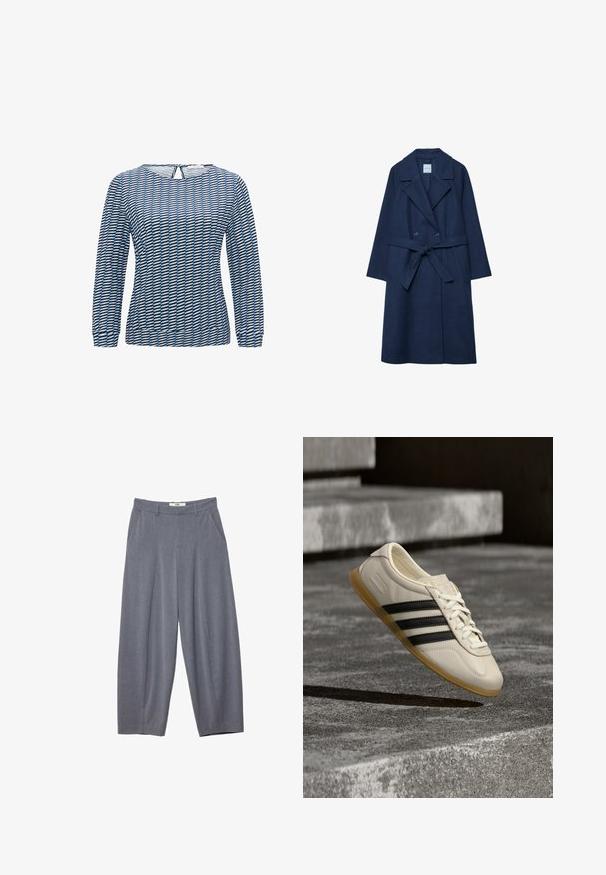 Marineblauwe lange wollen jas met brede revers, dubbelgeknoopte knopen, zijzakken en een ceintuur die in de taille is gestrikt.; Langemouwige top met een geometrisch patroon in blauw en zwart. Gemaakt van lichte stof, met een ronde hals en een sleutelgatdetail op de rug.; Stradivarius SMART BAGGY WITH SEAM DETAIL - Broek - grey; Witte sneaker met zwarte strepen en rubberen zool zwevend boven betonnen trap in zacht daglicht.