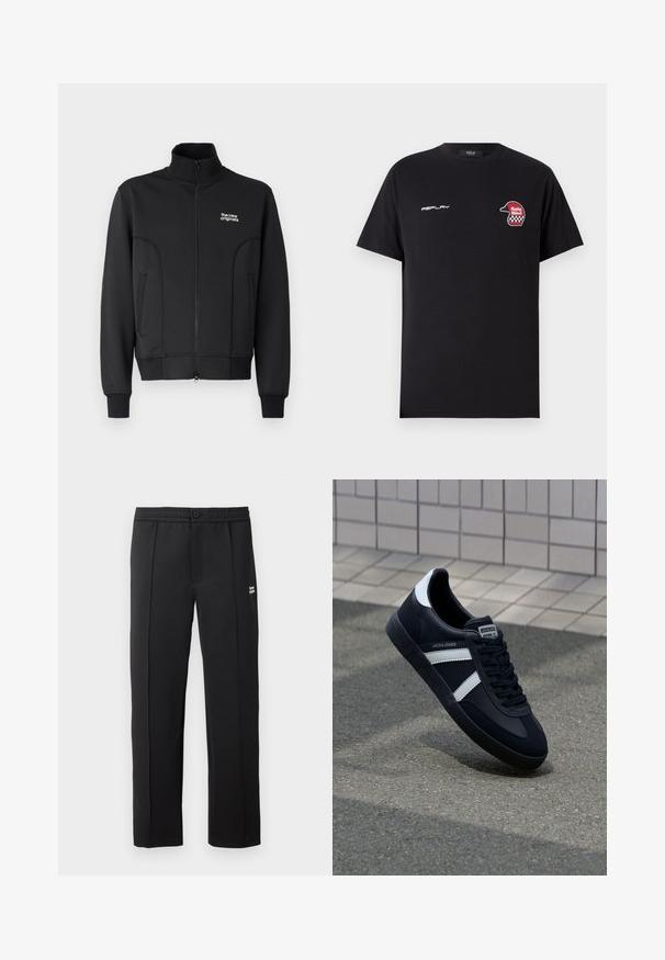 Zwarte zip-up jas van gladde, rekbare stof. Heeft een hoge kraag, zijzakken en een klein wit logo op de borst.; Replay SHORT SLEEVE GRAPHIC - T-shirt print - black; Zwarte broek van gladde stof, met een knoopsluiting, zijzakken en een klein logo aan de voorkant. Rechte pijpen.; Zwarte leren sneaker met witte strepen, een gestructureerde rubberen zool en vetersluiting aan de voorkant. Voorzien van een merklabel op de tong.