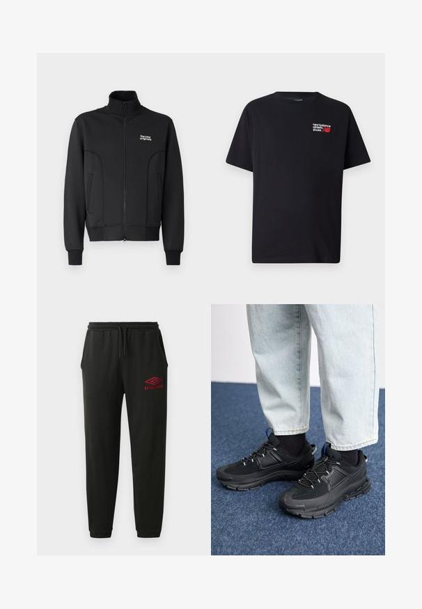 Chaqueta negra con cremallera, fabricada en un tejido suave y elástico. Cuenta con un collar alto, bolsillos laterales y un pequeño logo blanco en el pecho.; Camiseta de algodón negra con cuello redondo. Presenta un pequeño logo y texto en rojo y blanco de "New Balance" en la parte superior izquierda del pecho.; Pantalones de chándal negros con cintura y puños elásticos, bolsillos laterales y logo rojo de Umbro en el muslo izquierdo.; Zapatillas deportivas negras con tejido texturizado y suelas de goma, con cordones elásticos y un acento azul en el talón. Combinadas con pantalones de mezclilla claros.