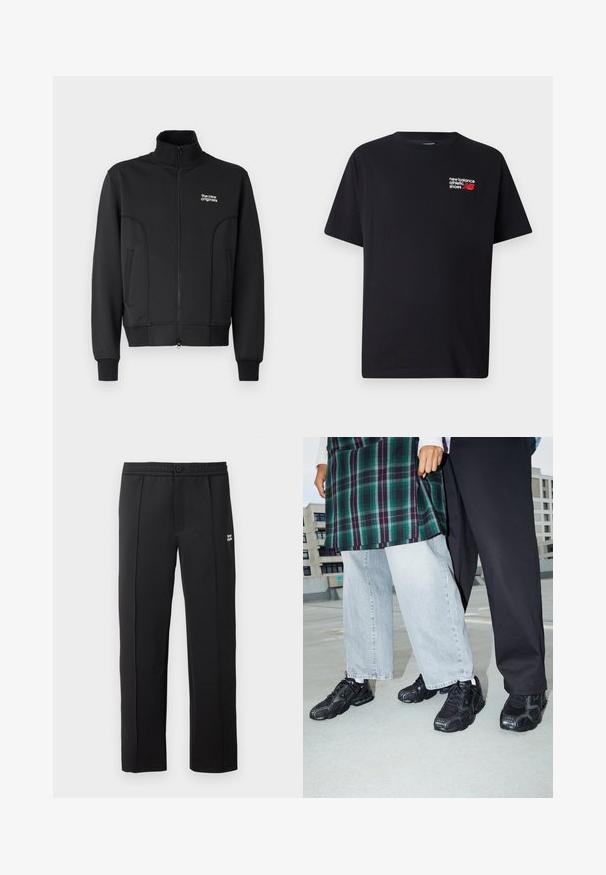 Sort lynlåsjakke lavet af glat, strækbart stof. Har høj krave, sidelommer og et lille hvidt logo på brystet.; Sort bomulds T-shirt med rund halsudskæring. Har et lille rødt og hvidt "New Balance" logo og tekst på den øverste venstre brystområde.; Sorte bukser lavet af glat stof, der har en knaplukning, sidelommer og et lille logo på forsiden. Lige ben design.; Sorte atletik sko med mesh- og gummidetaljer. Båret med lysegrå vide jeans og en ternet grøn bluse. Flad overflade i baggrunden.