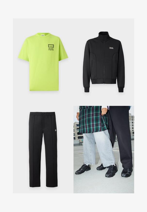 Zwarte zip-up jas van gladde, rekbare stof. Heeft een hoge kraag, zijzakken en een klein wit logo op de borst.; Limoengroene katoenen T-shirt met een ronde hals, korte mouwen en een zwarte grafische print op de linkerkant van de borst met "de nieuwe originalen."; Zwarte broek van gladde stof, met een knoopsluiting, zijzakken en een klein logo aan de voorkant. Rechte pijpen.; Zwarte sportieve schoenen met mesh- en rubberaccenten. Draagt een lichtgrijze wijde spijkerbroek en een groen geruit shirt. Effen achtergrond.