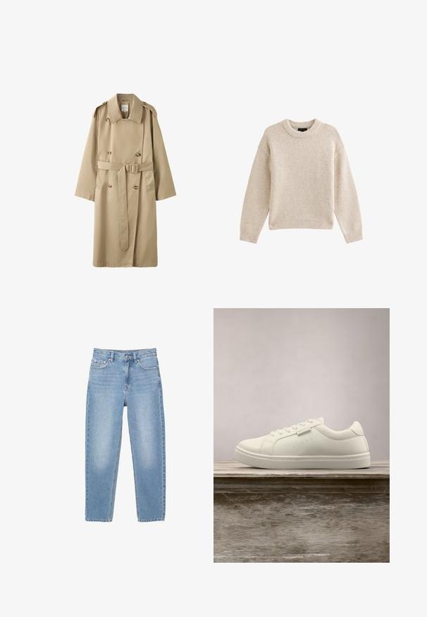 Beiger doppelt geknöpfter Trenchcoat mit breiten Revers, Schulterklappen, Knopfdetails und passendem Gürtel in der Taille.; Beige gestrickter Pullover mit Rundhalsausschnitt, langen Ärmeln und geripptem Saum. Texturierter Stoff mit weicher Optik. Einfaches und vielseitiges Design.; Hellblaue Denim-Jeans mit hoher Taille, Frontknopf, Reißverschluss und Fünf-Taschen-Design, flach auf weißem Hintergrund dargestellt.; Weißer Leder-Sneaker mit Schnürsenkeln schwebt über einer hölzernen Bank, im Hintergrund ist das grüne hohe Gras unscharf zu sehen.