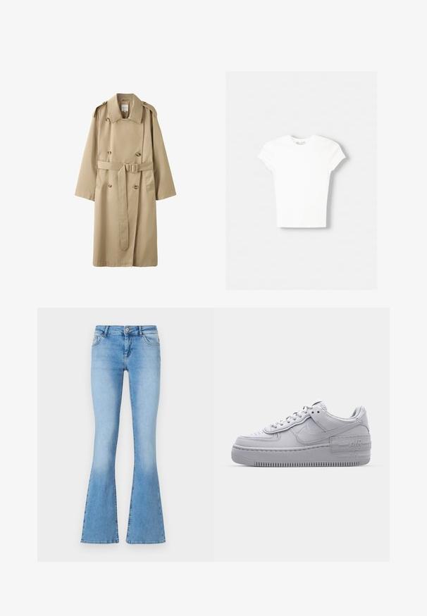 Beige dubbelgeknoopte trenchcoat met brede revers, schouderepauletten, knoopdetails en een bijpassende riem in de taille.; Witte t-shirt met korte mouwen van zachte katoen, met een ronde halslijn en een getailleerde vorm. Geen zichtbare patronen of versieringen.; Lichtblauwe uitlopende jeans van denim met een middellange taille, voorzien van zijzakken en stiksels langs de naden en zoom.; Grijze Nike Air Force 1 sneaker met geperforeerde neus, glad leren bovenwerk, dikke zool en verhoogde 'AIR' details op de hiel.