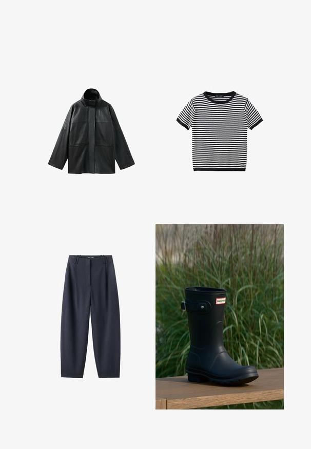 Schwarze übergroße Lederjacke mit hohem Kragen, langen Ärmeln und Fronttaschen, vor weißem Hintergrund gezeigt.; Schwarz-weiß horizontal gestreifter kurzärmeliger Strickpullover mit Rundhalsausschnitt und gerippten Bündchen und Saum.; Schwarze, weit geschnittene Nadelstreifenhose mit Gürtelschlaufen und vorderem Reißverschluss, vor weißem Hintergrund präsentiert.; Schwarzer Gummiregenstiefel mit glänzender Oberfläche, ausgestattet mit einer silbernen Schnalle und einem Logo-Patch. Die Sohle ist strukturiert für besseren Halt.