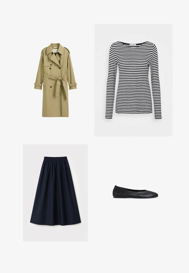 Beige dubbelgeknoopte trenchcoat met brede kraag, schouderepauletten, tailleband en gespen aan de manchetten.; Langemouwen, ronde hals T-shirt met een zwart-wit gestreept patroon. Gemaakt van zachte stof met een reguliere pasvorm. Schoon, minimalistisch ontwerp.; Marineblauwe rok gemaakt van gladde stof, voorzien van een elastische tailleband, uitlopende pasvorm en een knielengte. Geen patronen of accenten zichtbaar.; Zwarte leren damesschoenen voor ballet met ronde neus en lage hak, afgebeeld op een witte achtergrond.