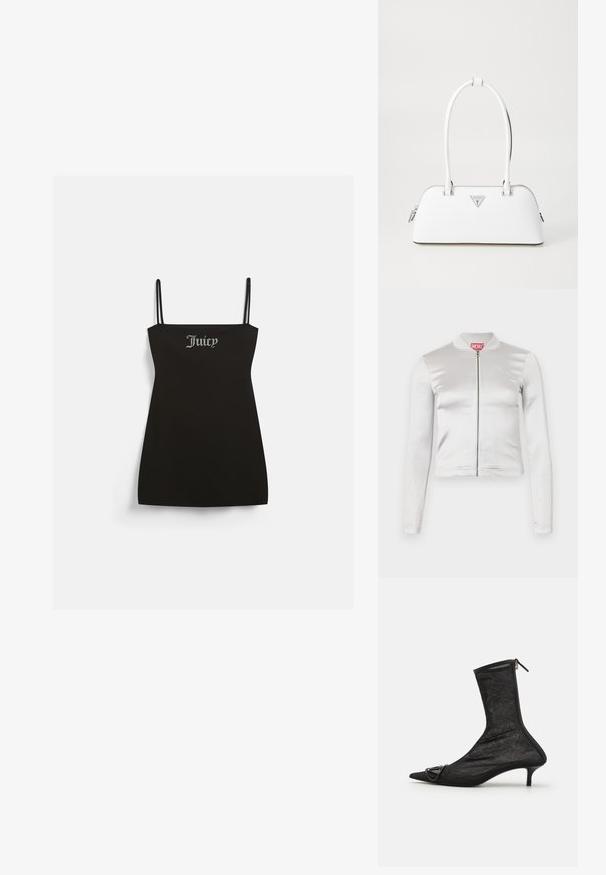 Valge satiinist tõmblukuga jakk pikkade varrukatega, istuv disain, soonikkoes krae ja punase logoga detail kaela juures. Sile tekstuur minimaalsete läikeefektidega.; Must have õhukesed rihmadeta must kleit, valmistatud pehmest kangast. Ees on hõbedane rhinestone "Juicy" logo.; Must mustaankeliga mustad võrgukudumid, terava koonuga, lukuga ja väikese kontsaga. Omab dekoratiivset pandlat varvaste lähedal.; Valge nahast käekott, millel on kumer kuju, hõbedane kolmnurkne logo ja lukk. Sile tekstuur ja kaks sangat.
