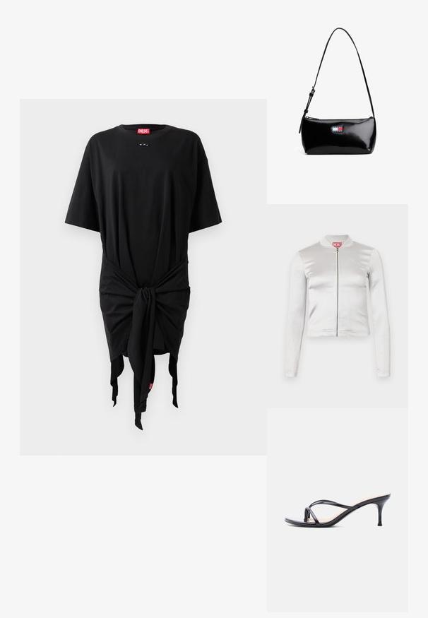 Weißes Satin-Zip-Up-Jackett mit langen Ärmeln, figurbetontem Design, geripptem Kragen und rotem Logo-Detail am Hals. Glatte Textur mit minimalem Glanz.; Schwarzes Baumwoll-T-Shirt-Kleid mit kurzen Ärmeln, das mit einem Knoten-Detail an der Taille und einem Logo-Tag versehen ist. Glatte Textur und lockere Passform.; Schwarze Peeptoe-Sandale aus Lackleder mit dünnen, gekreuzten Riemen und einem schlanken, mittelhohen Stilettoabsatz vor weißem Hintergrund.; Schwarze Lackleder-Schultertasche mit einem gebogenen Tragegurt, Reißverschlussverschluss und einem rechteckigen Logopatch in Rot, Weiß und Blau.