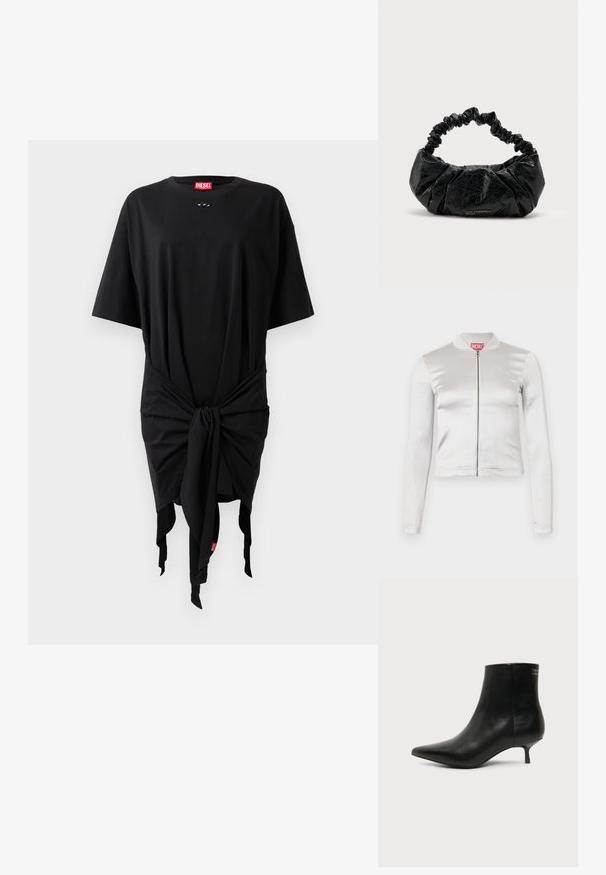 Chaqueta blanca de satén con cremallera, de mangas largas, diseño ajustado, cuello acanalado y detalle del logo rojo en el cuello. Textura suave con un brillo mínimo.; Vestido de camiseta de algodón negro con mangas cortas, que presenta un detalle de nudo en la cintura y una etiqueta de logo. Textura suave y corte holgado.; Botín de piel negra con puntera puntiaguda y tacón bajo estilo kitten sobre fondo claro, mostrando vista lateral exterior.; Bolso de mano de cuero negro texturizado con asa elástica fruncida y sutil logo "Karl Lagerfeld Jeans" en el centro inferior delantero.