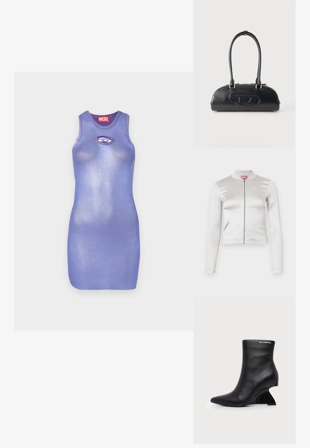Veste zippée en satin blanc avec des manches longues, design ajusté, col côtelé et détail de logo rouge au niveau du cou. Texture lisse avec un reflet minimal.; Robe en maille côtelée violette avec un col rond et détail de découpe en forme de clé. Design élégant et cintré. Nom de la marque affiché sur l'étiquette.; Bottine en cuir noir avec talon sculpté incurvé et logo Karl Lagerfeld près du bord supérieur sur fond blanc.; Sac à main en cuir noir avec longues poignées doubles et logo ovale embossé sur le devant, présenté sur un fond clair uni.