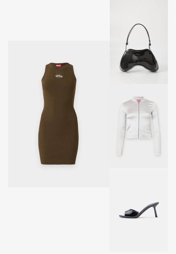 Hvid satin zip-up jakke med lange ærmer, tætsiddende design, ribbet krave og rødt logo ved nakken. Glat tekstur med minimal glans.; Ærmeløs ribbet brun strikket kjole med rund hals, tætsiddende silhuet, oval metallisk logo detaljeret på brystet, og rød mærkeetiket indeni kraven.; Sorte laklæder sandaletter med åben tå, der har et buet overdesign og en spids stilethæl. Glat, blank finish.; Sort patentlæder håndtaske med en unik buet form, kort justerbar hank og en lynlåslukning i toppen. Glat tekstur med diskret branding.