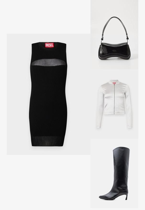 Chaqueta blanca de satén con cremallera, de mangas largas, diseño ajustado, cuello acanalado y detalle del logo rojo en el cuello. Textura suave con un brillo mínimo.; Vestido negro sin mangas con textura acanalada, que presenta un corte semi-transparente en el pecho. La etiqueta dice "DIESEL" en rojo negrita.; Bota negra de cuero hasta la rodilla con punta afilada y tacón alto y delgado. Textura lisa con detalles mínimos y logo de la marca cerca de la parte superior.; Bolso de mano de charol negro con forma curvada, un solo asa y fondo redondeado. Presenta un sutil detalle de logo en la parte frontal.