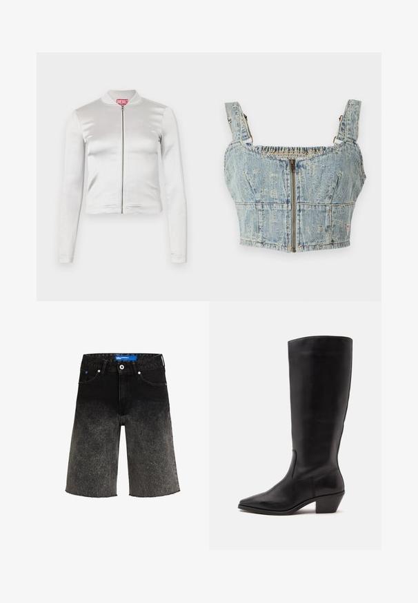 Witte satijnen zip-up jack met lange mouwen, getailleerd ontwerp, geribbelde kraag en rode logo-detail op de nek. Soepele textuur met minimale glans.; Denim crop top met een lichtblauwe wassing, voorzien van een ritsluiting, gesmokte achterkant en brede bandjes. Kenmerken zijn stiksels en lichte slijtage.; Zwarte denim shorts met een vervaging van donker naar licht. Heeft een rafelrand, twee voorzakken en een blauwe merklabel op de tailleband.; Zwarte leren laars tot half op de kuit met een puntige neus en een lage schuine hak op een effen lichte achtergrond.