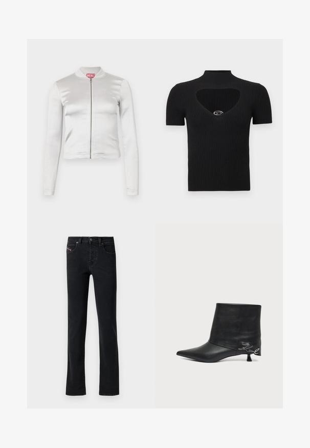 Chaqueta blanca de satén con cremallera, de mangas largas, diseño ajustado, cuello acanalado y detalle del logo rojo en el cuello. Textura suave con un brillo mínimo.; Top negro de punto acanalado con cuello alto y escote en forma de corazón. Presenta mangas cortas y un accesorio plateado en el cuello.; Vaqueros de mezclilla negros con corte recto, que cuentan con cinco bolsillos y detalles de costura sutiles. La tela tiene una textura suave y un desvanecimiento mínimo.; Botín negro de piel con puntera puntiaguda, tacón bajo tipo «kitten» y detalle de escritura plateada cerca del talón.