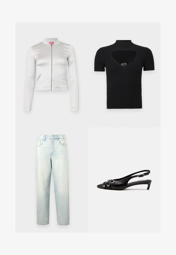 Weißes Satin-Zip-Up-Jackett mit langen Ärmeln, figurbetontem Design, geripptem Kragen und rotem Logo-Detail am Hals. Glatte Textur mit minimalem Glanz.; Schwarzes, geripptes Strickoberteil mit hohem Kragen und herzförmigem Ausschnitt. Verfügt über kurze Ärmel und einen silbernen Akzent am Halsausschnitt.; Hellblaue Jeans aus Denim mit einer lässigen Passform. Verfügt über fünf Taschen, einen Knopf- und Reißverschluss sowie einen leicht ausgebleichten Look.; Schwarzer Lederslingback mit spitzer Spitze, drei silbernen Schnallen vorne und niedrigem Kittenabsatz auf weißem Hintergrund.