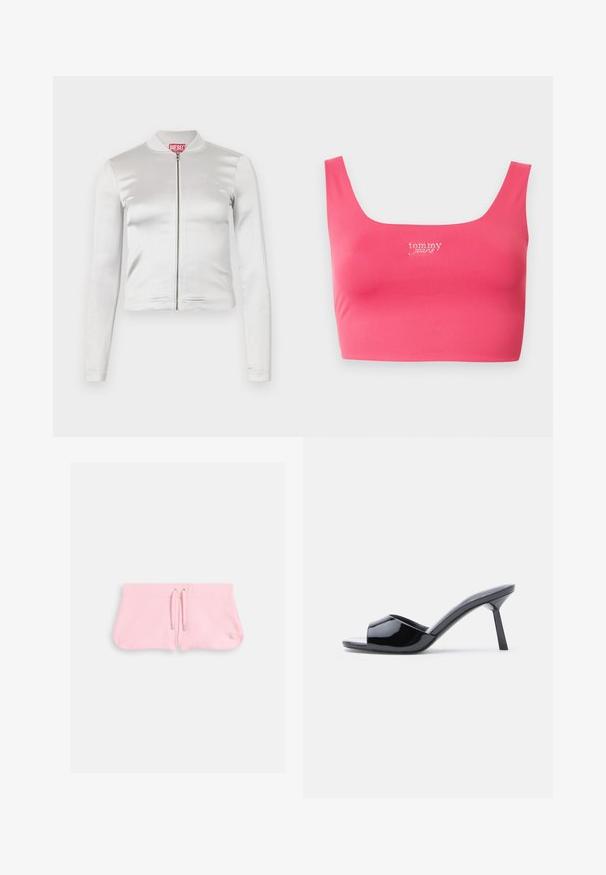 Hvid satin zip-up jakke med lange ærmer, tætsiddende design, ribbet krave og rødt logo ved nakken. Glat tekstur med minimal glans.; Pink croppet tanktop med firkantet udskæring, lavet af glat stof, med "tom my jeans" broderet i hvidt midt foran.; Lyserøde shorts lavet af blød tekstil, med en snor med sølvspidser og et lille broderet logo i nederste højre hjørne.; Sorte laklæder sandaletter med åben tå, der har et buet overdesign og en spids stilethæl. Glat, blank finish.