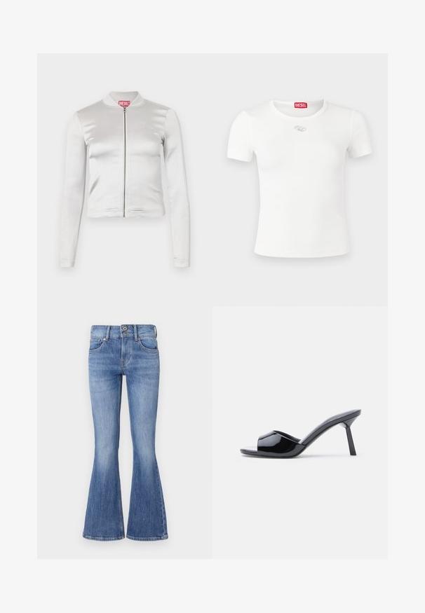 Chaqueta blanca de satén con cremallera, de mangas largas, diseño ajustado, cuello acanalado y detalle del logo rojo en el cuello. Textura suave con un brillo mínimo.; Camiseta blanca de manga corta hecha de tela acanalada, con un cuello redondo y un detalle de logo plateado en el pecho.; Vaqueros de denim azul de corte acampanado con una cintura de media altura, cinco bolsillos y un lavado claro. Presentan un suave desvanecimiento y costuras en contraste.; Sandalias de tacón con punta abierta de charol negro, con un diseño superior curvado y tacón de aguja cónico. Acabado liso y brillante.