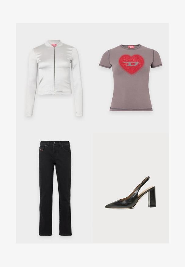 Veste zippée en satin blanc avec des manches longues, design ajusté, col côtelé et détail de logo rouge au niveau du cou. Texture lisse avec un reflet minimal.; T-shirt gris ajusté à manches courtes avec un cœur rouge et un logo "D" argenté orné de petits clous sur la poitrine.; Jean en denim noir avec une coupe droite, doté d'une fermeture à boutons sur le devant, de cinq poches et de détails de couture subtils.; Chaussure slingback en cuir noir à bout pointu avec un talon bloc haut et une doublure intérieure beige sur un fond clair uni.