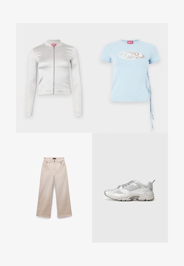 Chaqueta blanca de satén con cremallera, de mangas largas, diseño ajustado, cuello acanalado y detalle del logo rojo en el cuello. Textura suave con un brillo mínimo.; Camiseta de manga corta azul claro con cuello redondo, lazos en los laterales y una estampación gráfica que presenta el texto "www.diesel.com" en color plata.; Pantalones de pierna ancha beige, hechos de algodón con una textura suave. Cuenta con cinco bolsillos, pasadores para cinturón y herrajes en tono plateado en la parte frontal.; Zapatillas de running en malla blanca con acentos metálicos, revestimientos texturizados y una suela gruesa. Cuenta con un sistema de cordones en la parte delantera y una tira de agarre en la parte trasera.
