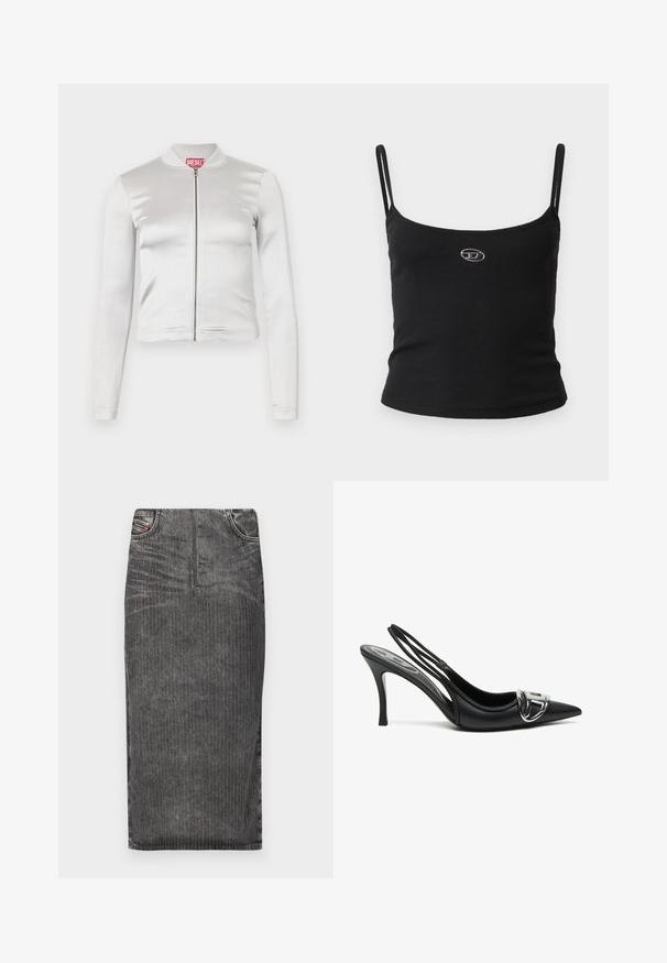 Hvid satin zip-up jakke med lange ærmer, tætsiddende design, ribbet krave og rødt logo ved nakken. Glat tekstur med minimal glans.; Sort ribstrikket camisole-top med tynde stropper og en lille metallisk logo midt på. Stoffet virker strækbart og kropsnært.; Grå denim midi-skjørt med vertikale striber, med høj talje, fem lomme-design og en ren kant.; Sorte slingback højhælede sko med spids tå, der har en skinnende sølvspænde detalje og en slank hæl. Glat lædertekstur, minimalistisk design.