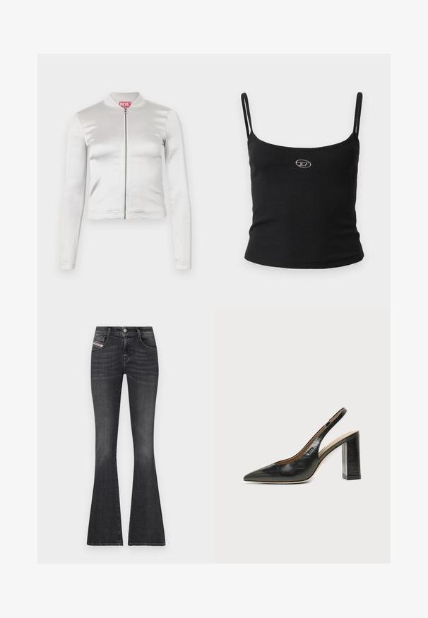 Chaqueta blanca de satén con cremallera, de mangas largas, diseño ajustado, cuello acanalado y detalle del logo rojo en el cuello. Textura suave con un brillo mínimo.; Top tipo camisola negro con textura acanalada, tirantes finos y un pequeño logo metálico en el centro. La tela parece elástica y ajustada al cuerpo.; Jeans de denim gris oscuro con corte acampanado, cintura alta, diseño de cinco bolsillos, herrajes plateados y un desvanecimiento sutil. Presenta una etiqueta de marca en el lateral.; Zapato slingback de piel negra con puntera puntiaguda, tacón alto y ancho, y forro interior beige sobre un fondo claro y liso.