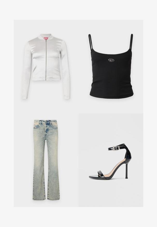 Witte satijnen zip-up jack met lange mouwen, getailleerd ontwerp, geribbelde kraag en rode logo-detail op de nek. Soepele textuur met minimale glans.; Zwarte geribbelde camisole top met dunne bandjes en een klein metalen logo in het midden. De stof lijkt rekbaar en aansluitend te zijn.; Lichtblauwe uitlopende jeans van denim, met een vijf-pocket ontwerp, stikdetails en een reguliere tailleband met een knoopsluiting.; Zwarte sandalen met hoge hak van lakleer en een enkelriempje. Heeft een minimalistisch ontwerp, open teen en een gesp met strass-steentjes.