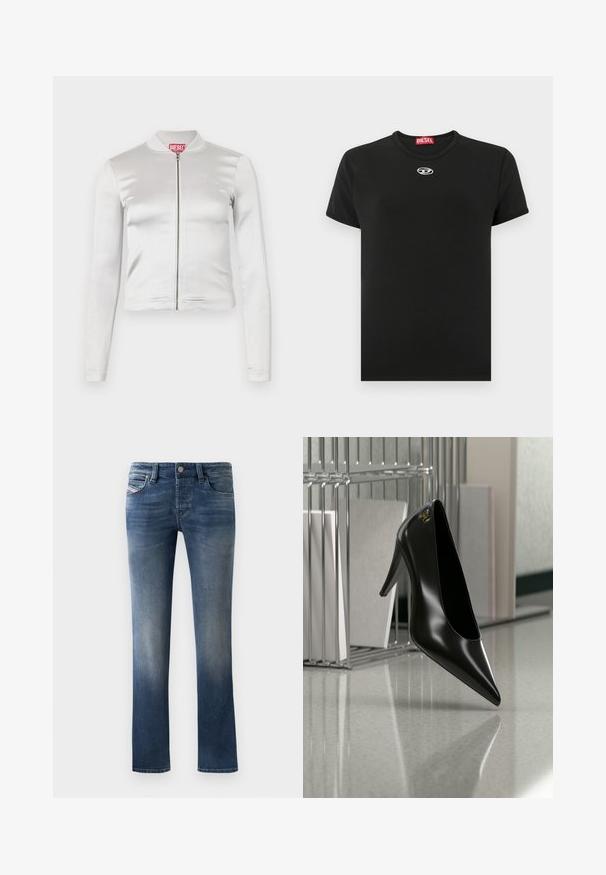 Chaqueta blanca de satén con cremallera, de mangas largas, diseño ajustado, cuello acanalado y detalle del logo rojo en el cuello. Textura suave con un brillo mínimo.; Camiseta negra de algodón con cuello redondo, mangas cortas y un pequeño logo blanco de Diesel en el pecho; textura suave, ajuste clásico.; Jeans de denim azul oscuro con un diseño de pierna recta, que presentan un ligero desgaste en los muslos y un estilo clásico de cinco bolsillos.; Zapato de tacón alto negro con punta afilada y logo dorado, colocado sobre una superficie reflectante cerca de un organizador de archivos de alambre cromado con documentos.