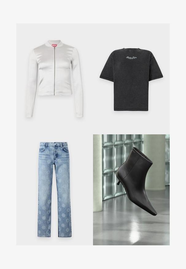 Weißes Satin-Zip-Up-Jackett mit langen Ärmeln, figurbetontem Design, geripptem Kragen und rotem Logo-Detail am Hals. Glatte Textur mit minimalem Glanz.; Guess Jeans SCRIPT TEE - T-Shirt print - jet black; Hellblaue Jeans aus Denim mit einem leicht ausgebleichten Finish, blumigem Muster, fünf Taschen und geradem Beinschnitt.; Schwarzer Leder-Knöchelstiefel mit spitzer Spitze und kleinem Absatz vor einer Wand aus Glasbausteinen und einem polierten Boden.