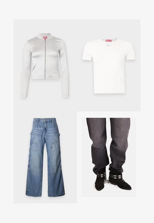 Weißes Satin-Zip-Up-Jackett mit langen Ärmeln, figurbetontem Design, geripptem Kragen und rotem Logo-Detail am Hals. Glatte Textur mit minimalem Glanz.; Weißes Baumwoll-T-Shirt mit kurzen Ärmeln, Rundhalsausschnitt und kleinem silbernem Logo mit "DIESEL" in Rot am Halsausschnitt.; Good American GOOD EASE RELAXED - Jeans Relaxed Fit - indigo; Schwarze Wildleder-Ankle Boots mit Fransenverzierungen, silbernen dekorativen Akzenten und spitzem Zehenbereich, kombiniert mit lockeren grauen Jeans.