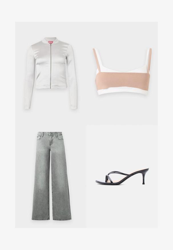 Veste zippée en satin blanc avec des manches longues, design ajusté, col côtelé et détail de logo rouge au niveau du cou. Texture lisse avec un reflet minimal.; Bralette blanche sans coutures avec une large bande tricotée beige clair à l'avant et des bretelles beige assorties sur un fond uni.; Jeans en denim gris à jambes larges, dotés de cinq poches, d'une taille haute et d'une finition légèrement délavée avec des coutures visibles.; Sandale à talon en cuir verni noir avec fines lanières croisées et talon aiguille moyen et élancé sur fond blanc.