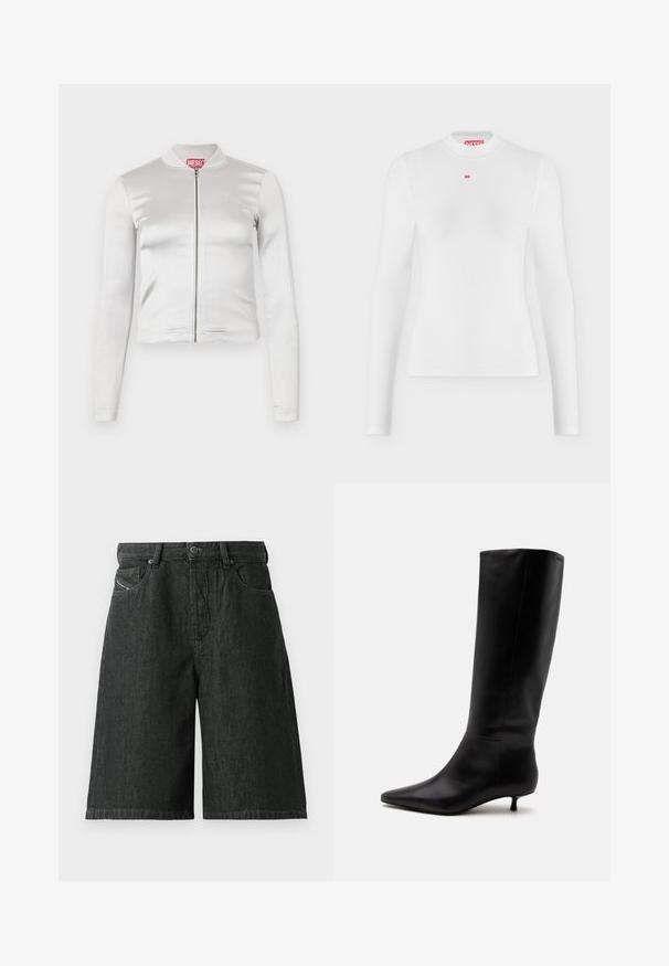 Chaqueta blanca de satén con cremallera, de mangas largas, diseño ajustado, cuello acanalado y detalle del logo rojo en el cuello. Textura suave con un brillo mínimo.; Camiseta blanca de manga larga acanalada con cuello alto y pequeño logo rojo de Diesel centrado debajo del cuello.; Pantalones cortos de mezclilla negros con un corte holgado, que cuentan con un cierre frontal de botón y cremallera, lazos para el cinturón y dos bolsillos delanteros. Tejido texturizado con detalles de costura.; Bota alta de cuero negro hasta la rodilla con puntera puntiaguda y tacón bajo tipo kitten sobre un fondo claro y liso.