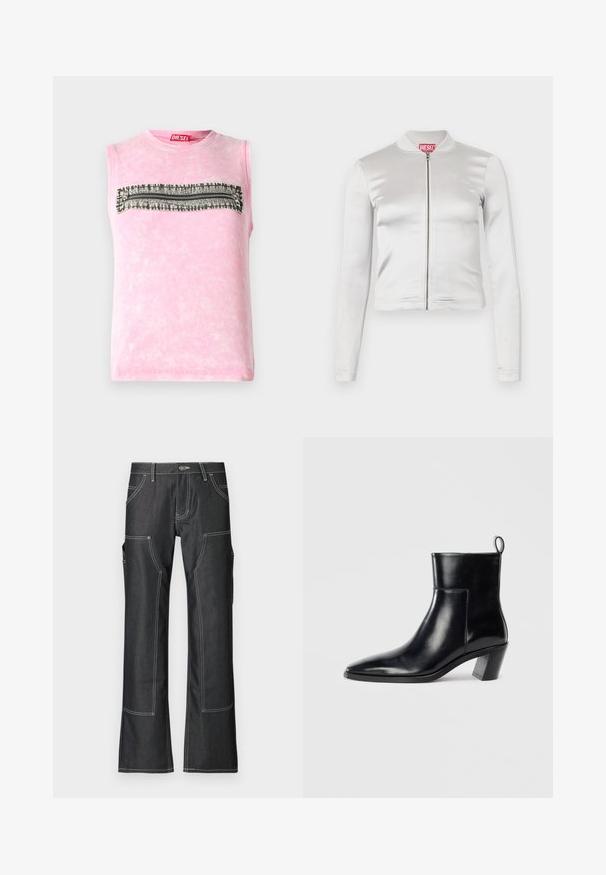 Hvid satin zip-up jakke med lange ærmer, tætsiddende design, ribbet krave og rødt logo ved nakken. Glat tekstur med minimal glans.; Subløs pink bomulds t-shirt med en vandret sort-hvid mønsterstripe hen over brystet. Rund halsudskæring, blød tekstur.; Mørke denim cargo bukser med hvid kontrastsyning, der har flere lommer og en nederdel design med vidde. Holdbart materiale og metalknaplukning.; Sort læder ankelstøvle med spids tå, geometrisk stablet hæl og en løftestrop bagpå. Glat tekstur og slankt design.