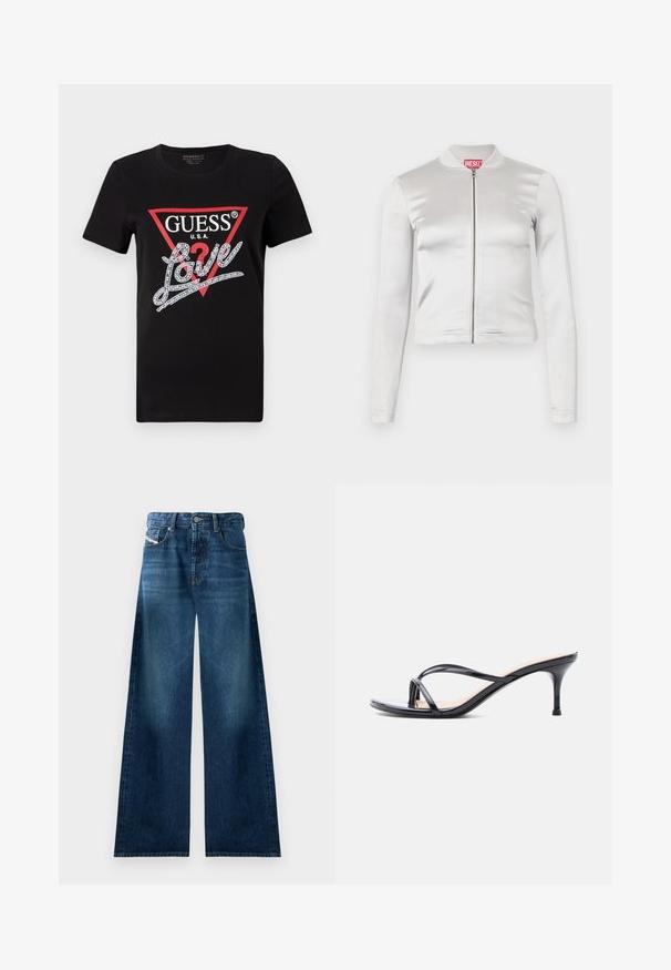 Hvid satin zip-up jakke med lange ærmer, tætsiddende design, ribbet krave og rødt logo ved nakken. Glat tekstur med minimal glans.; Sort bomulds T-shirt med et rødt trekantet logo og "GUESS U.S.A." samt et krystinsat "Love" tekstdesign i hvid. Korte ærmer.; Bredde denimjeans i mørk vask. Har traditionelt fem-lomme design, knappelukning og let falmning på lårerne.; Sort laklædersandal med hæl, tynde krydsede remme og en slank mellemhøj stilethæl på en hvid baggrund.