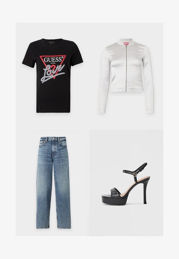 Hvid satin zip-up jakke med lange ærmer, tætsiddende design, ribbet krave og rødt logo ved nakken. Glat tekstur med minimal glans.; Sort bomulds T-shirt med et rødt trekantet logo og "GUESS U.S.A." samt et krystinsat "Love" tekstdesign i hvid. Korte ærmer.; Lyseblå denimjeans med lige pasform, høj talje og subtile falmninger. Har fem lommer og knaplukning.; Sorte platformsandaler med høj stiletthæl, der har en glat læderoverdel, peep toe-design og en justerbar ankelrem med metalbeslag.