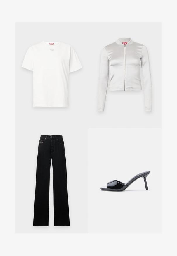 Veste zippée en satin blanc avec des manches longues, design ajusté, col côtelé et détail de logo rouge au niveau du cou. Texture lisse avec un reflet minimal.; T-shirt en coton blanc avec un col rond, des manches courtes et un petit logo argenté sur le devant. Design simple et épuré.; Jean noir à jambes larges en denim, avec une fermeture frontale à boutons, cinq poches, et un petit patch logo sur la ceinture.; Sandales à talons ouverts en cuir verni noir, avec un design supérieur incurvé et un talon aiguille effilé. Finition lisse et brillante.