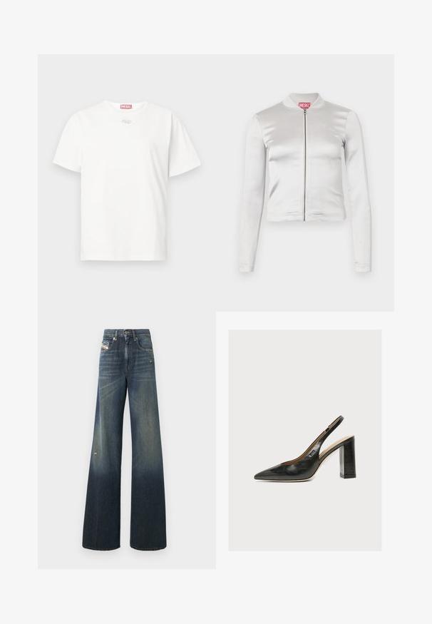 Veste zippée en satin blanc avec des manches longues, design ajusté, col côtelé et détail de logo rouge au niveau du cou. Texture lisse avec un reflet minimal.; T-shirt en coton blanc avec un col rond, des manches courtes et un petit logo argenté sur le devant. Design simple et épuré.; Jean en denim à jambes larges de couleur bleu foncé avec une finition délavée, présentant un genou usé et un design classique à cinq poches avec une étiquette.; Chaussure slingback femme en cuir noir avec bout pointu et talon bloc épais et haut sur fond blanc.