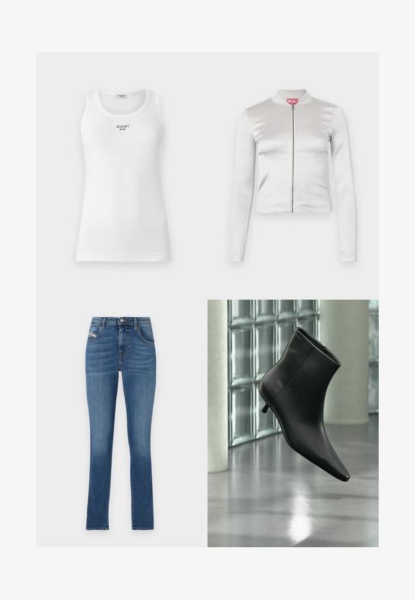 Veste zippée en satin blanc avec des manches longues, design ajusté, col côtelé et détail de logo rouge au niveau du cou. Texture lisse avec un reflet minimal.; Débardeur blanc en tissu côtelé, avec un col rond et une étiquette rectangulaire avec "JOOP! JEANS" sur le devant.; Jean en denim bleu avec une coupe droite, design à cinq poches, fermeture à bouton et décoloration subtile. Texture lisse et ourlet propre.; Bottine en cuir noir à bout pointu et petit talon kitten, présentée en angle devant un sol poli et un mur en blocs de verre.