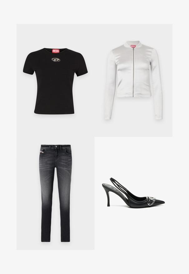 Weißes Satin-Zip-Up-Jackett mit langen Ärmeln, figurbetontem Design, geripptem Kragen und rotem Logo-Detail am Hals. Glatte Textur mit minimalem Glanz.; Schwarzes kurzärmeliges T-Shirt aus Baumwolle mit Rundhalsausschnitt und einem metallischen ovalen Logoakzent auf der Vorderseite.; Dunkelgraue Slim-Fit-Jeans aus Denim. Mit einem ausgebleichten Finish, standardmäßigem Fünf-Taschen-Design und Frontknopfverschluss.; Schwarze Slingback-Pumps mit spitzem Vorderteil, ausgestattet mit einem glänzenden silbernen Schnallendetail und einem schlanken Absatz. Glattes Lederoberfläche, minimalistische Gestaltung.