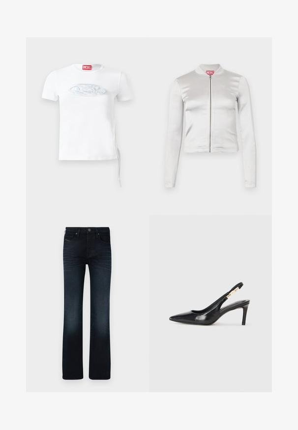 Hvid satin zip-up jakke med lange ærmer, tætsiddende design, ribbet krave og rødt logo ved nakken. Glat tekstur med minimal glans.; Hvid kortærmet t-shirt lavet af bomuld, med et diskret præget logo i blågrå på brystet og justerbar snørredetalje i siden.; Mørkeblå denimjeans med lige ben, fem lommer og let fading på lårene og underbenene.; Sort læder slingback højhælede sko med spidse tæer, glat overflade og en smal ankelrem med guldfarvede hardware detaljer.